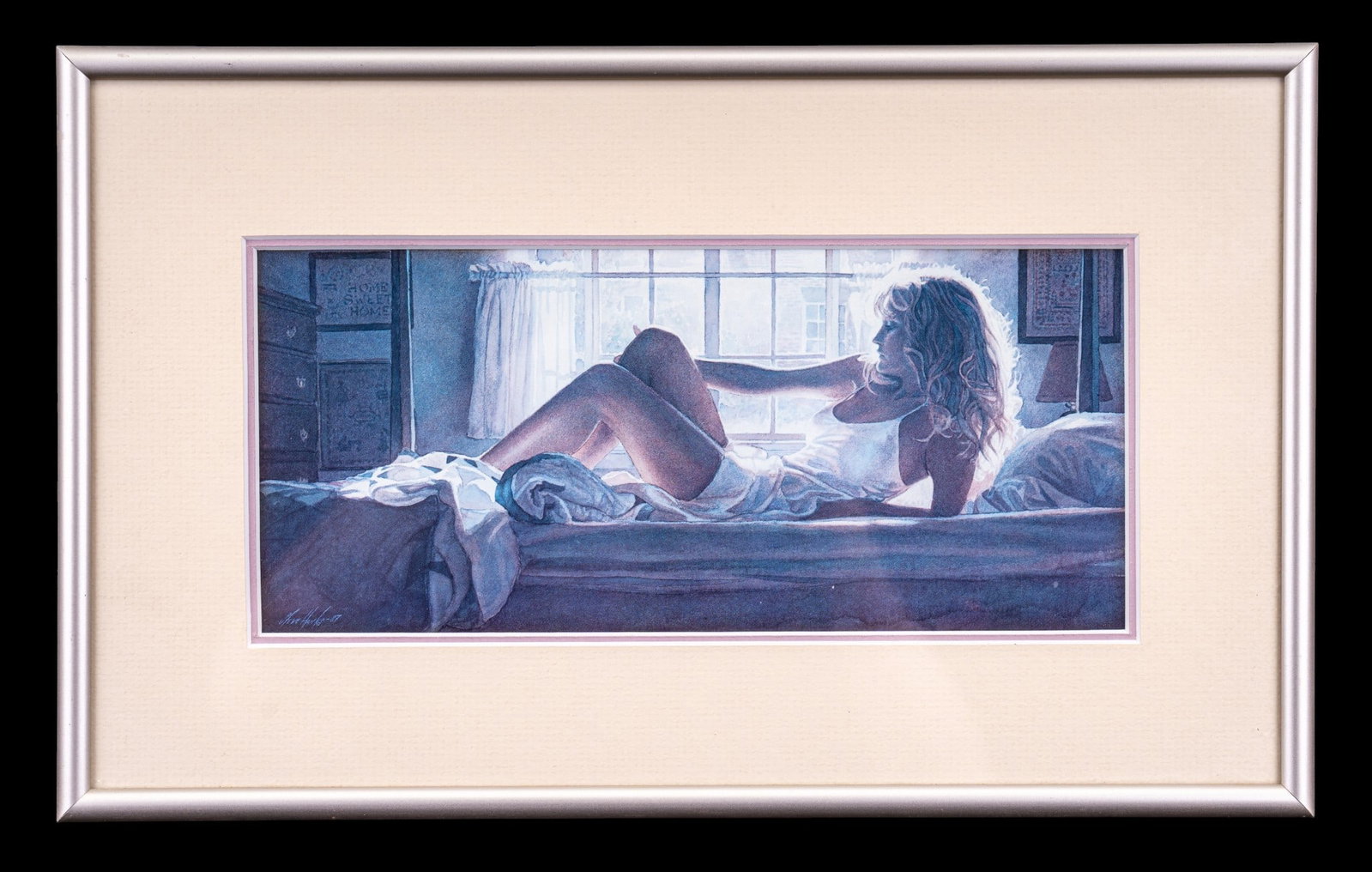 Steve Hanks Bedroom Light Open Edition Print: Framed open edition print titled "Bedroom Light' after original watercolor by American Artist Steve Hanks (1949-2015). Measures approx. 13.5" W x 8.25" H OD.