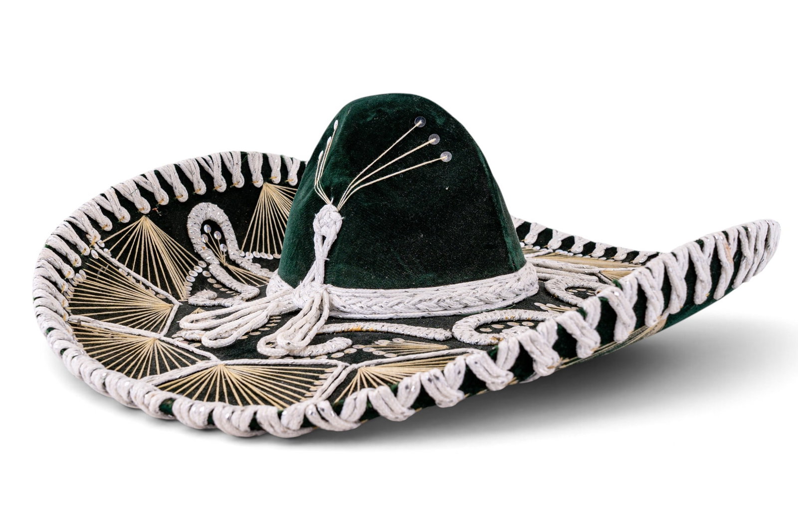 Vintage Belri Sombrero: A vintage Belri Hats Sombrero featuring white cord and sequins over green velvet, approx. 7.5.