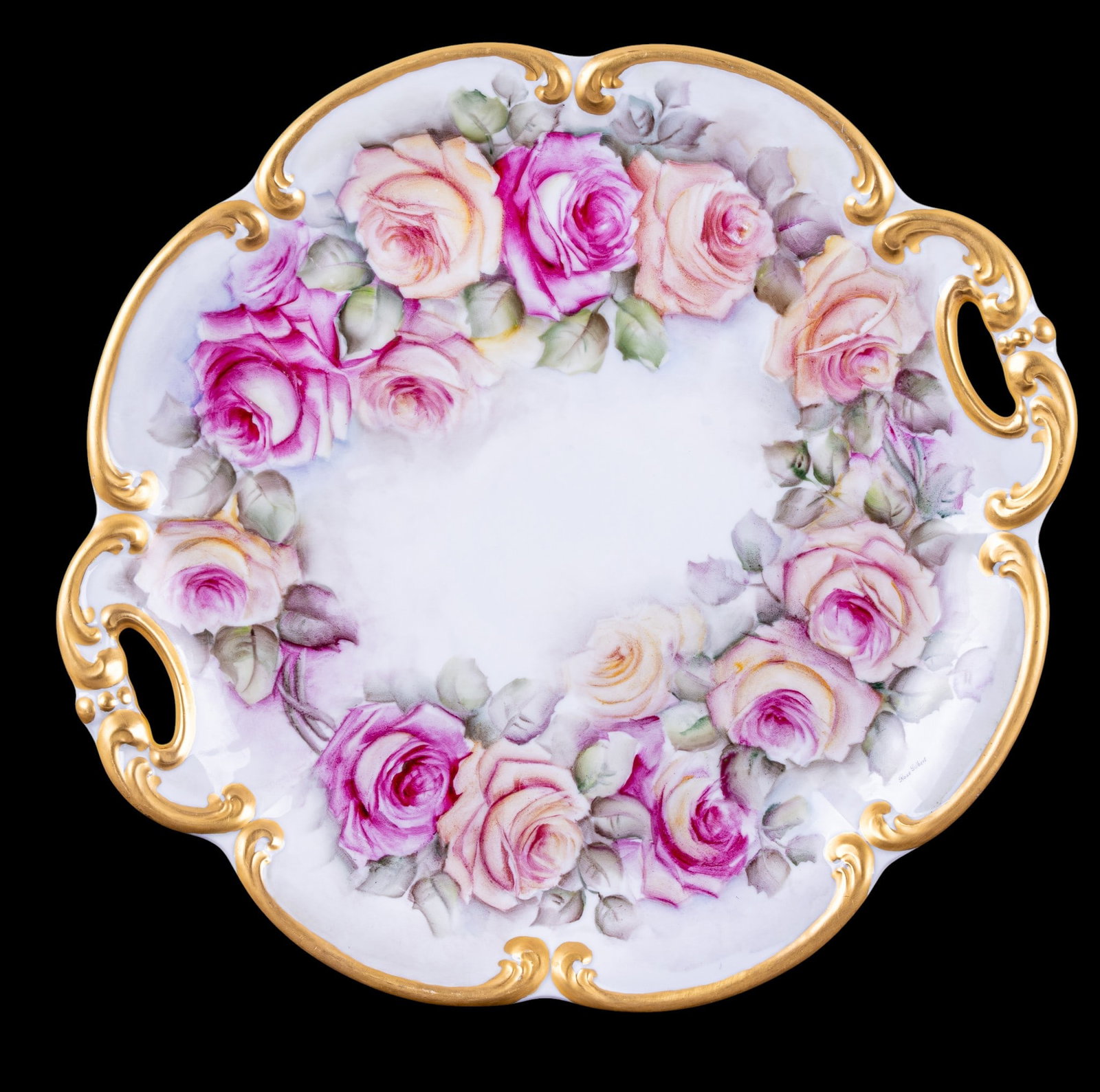 Large German Porcelain Rose Platter: Large hand painted Bavarian porcelain two-handled dish, with hand painted roses; signed Rose Gilbert