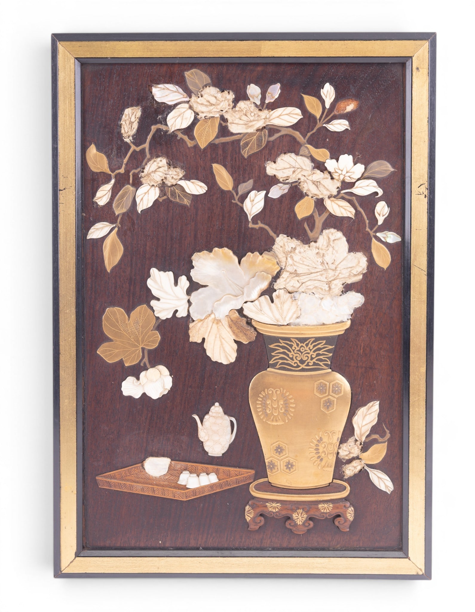 Japanese Shibayama Style Framed Panel: A mother of pearl, brass, and carved wood Japanese Shibayama framed high relief plaque, measures approx. 9.5" W x 14" H.