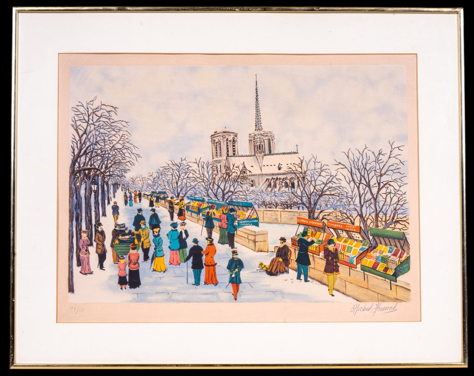 Michel Hermel (FR 1934-2008) Signed Ltd Ed Print: A framed pencil signed and editioned print titled 'The Snow Covered Banks of the Seine' by Michel Hermel (French 1934-2008) edition No. 47 of 150, Notre Dame in background. Measures approx. 23" H x 29