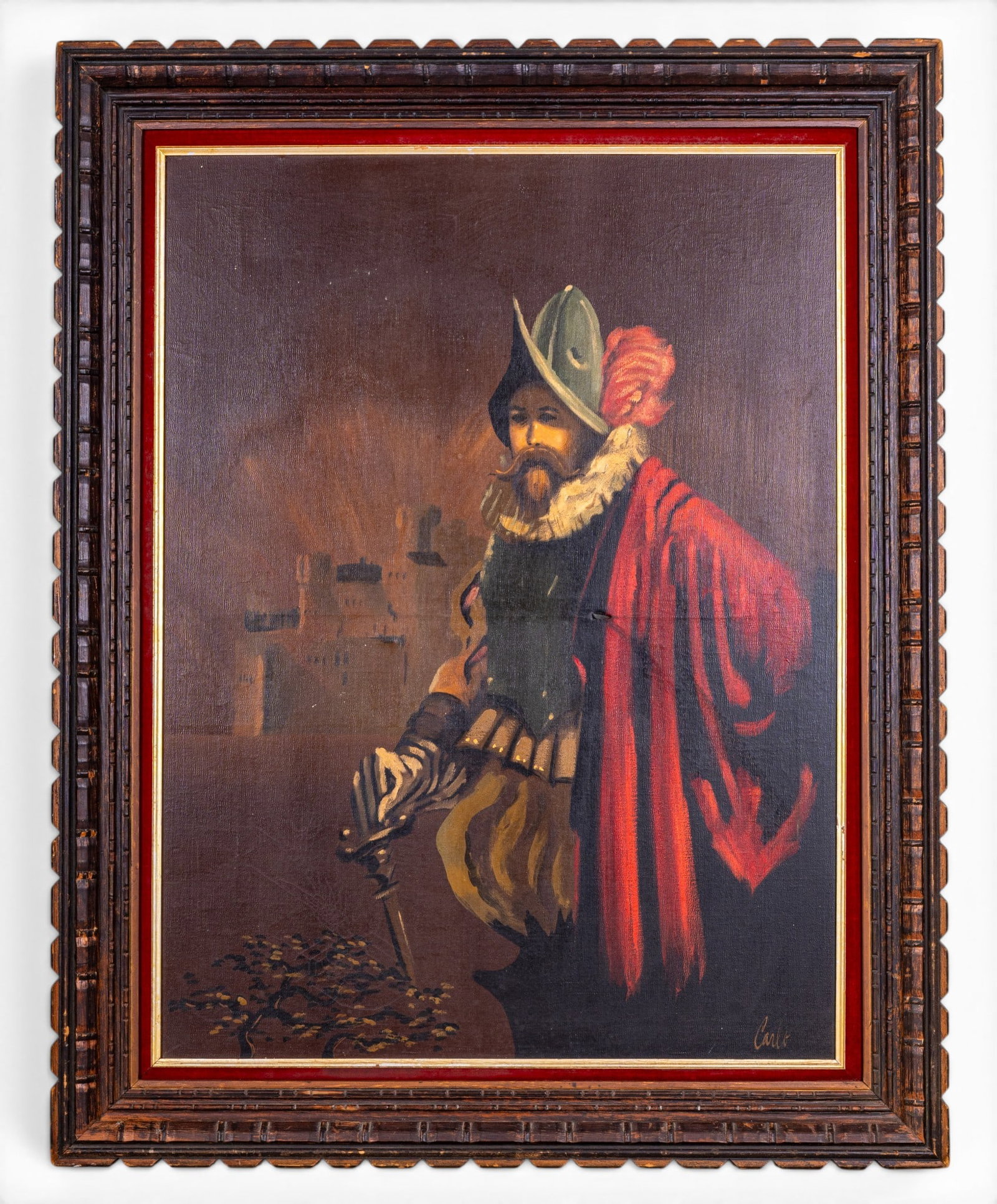 Carlo of Hollywood Conquistador Oil on Canvas: A mid century oil on canvas depicting a Conquistador with buildings in the background, signed 'Carlo' in the lower right corner for Carlo of Hollywood. Note repair in the center right, frame measures 