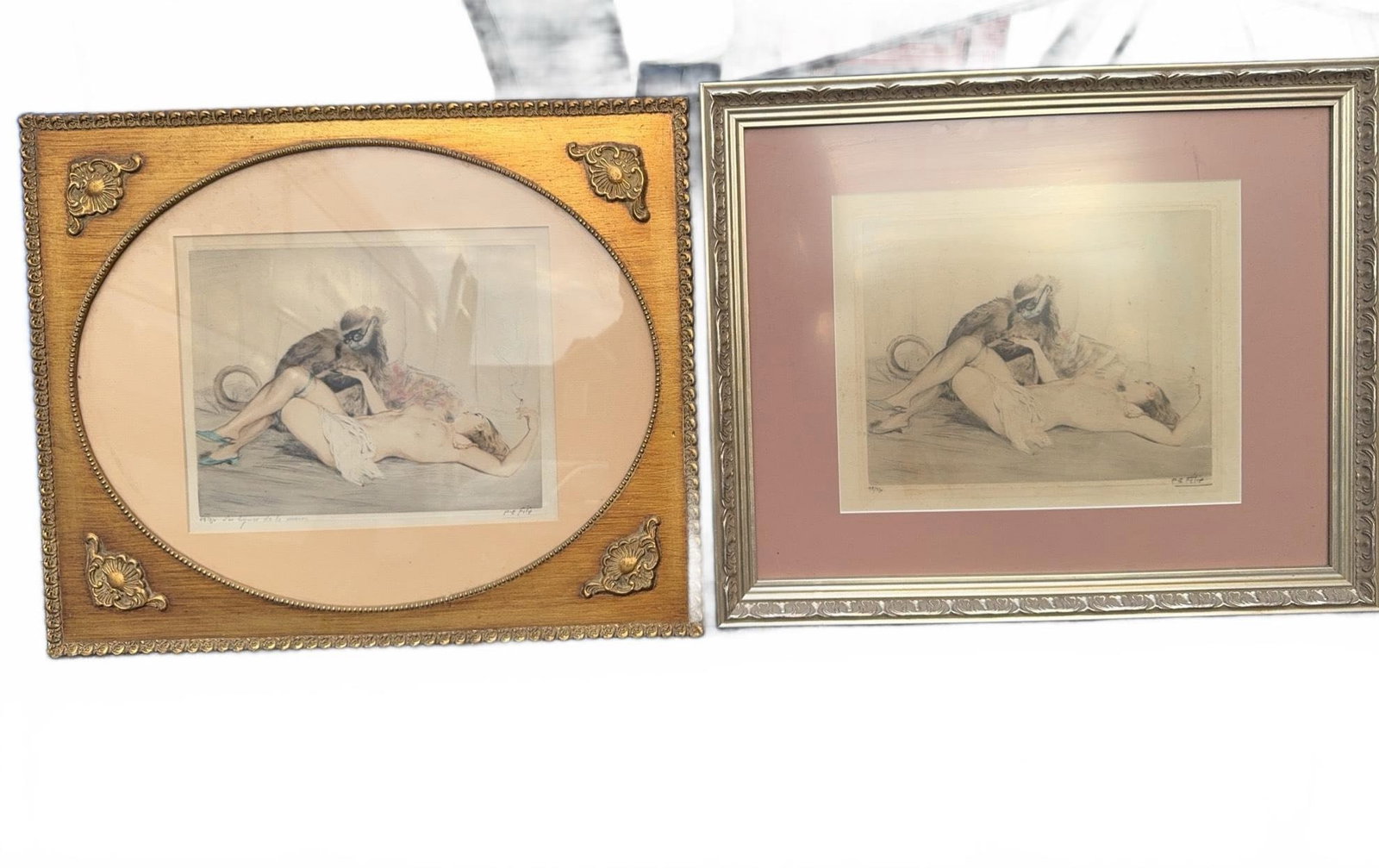 2 PE Felix Antique French Nude w/ Monkey Lithos: Pair of Antique French PE Felix Colored Lithographs of a Nude with a Monkey, signed LR. Each in different style frame with matting. Both works are approximately 19 x 22 inches overall and feature a ha