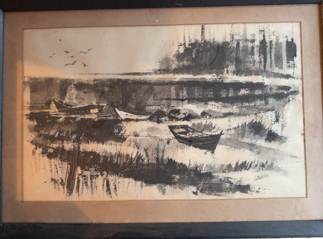 Larry Webster Watercolor Coastal Scene: Monochrome watercolor painting by Larry Webster (1930–2007), depicting boats on a shoreline with trees and birds. Signed lower right. Framed under glass. The artist was based in Massachusetts.16.5 x