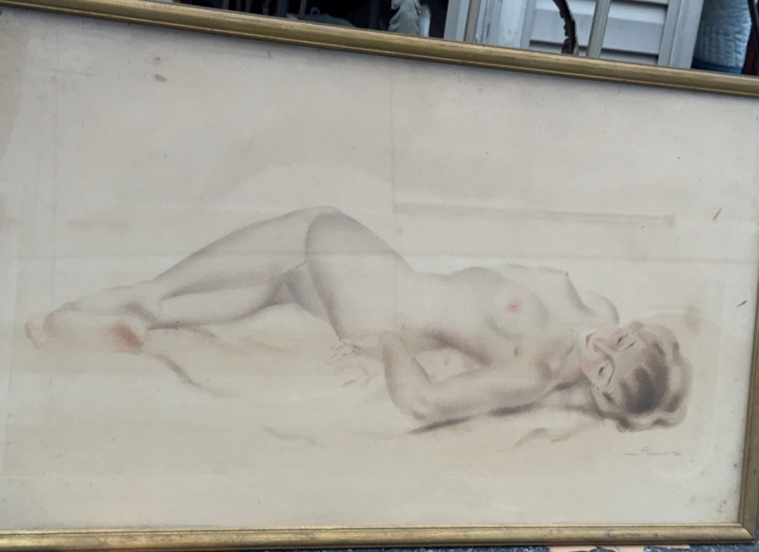 Nude Female Reclining Painting, Signed: Graphite or charcoal study of a reclining nude woman on paper, framed behind glass in a simple gold-tone frame. Signed lower right, artist appears to be Conard on Consard II. Some paper and mat discol