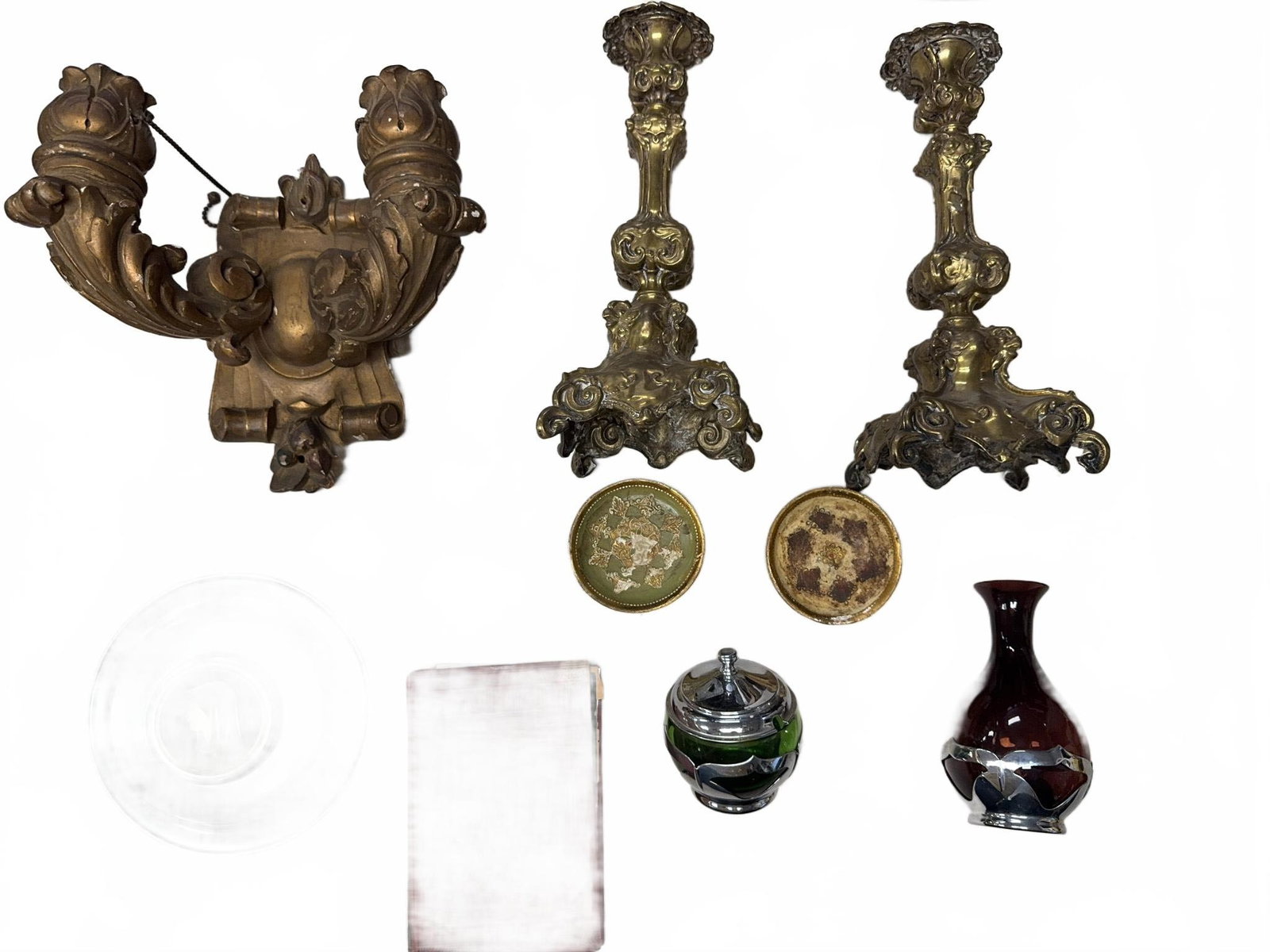 Pair Antique Gilt Copper Sconces and Mixed Lot: Pair of copper candlesticks approx. 12.5 h, wood electrified sconces, Farberware pieces, an Art Deco box, an illustrated 1889 Edgar Allan Poe book, and additional decorative items.