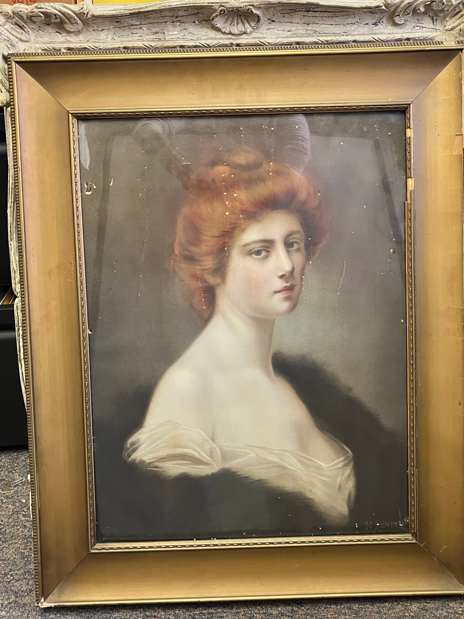 Red-Haired Lady Portrait Print after H. Rondel: Print after Henri Rondel (French 1857-1919) portrait of a red-haired lady. The red head portrait is in the style of the French Romantic. There is loss to the surface possibly due to past moisture on t