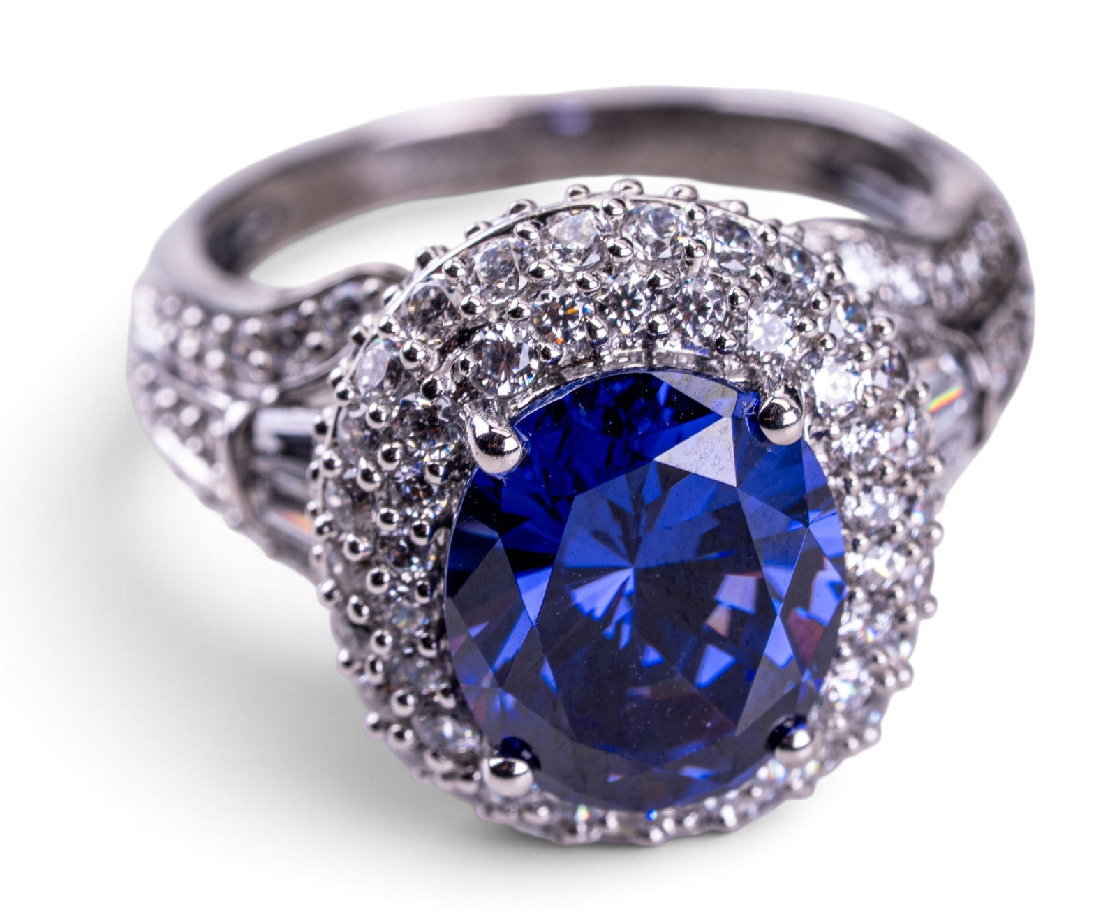 Sterling Silver Ring: Sapphire style and c.z.. ring large dinner ring, in sterling silver setting. Size 9.