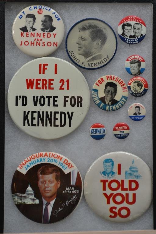 Twelve John Kennedy 10 Campaign Buttons from 1960: Twelve John Kennedy 10 Campaign buttons from 1960, including; two jugate and one flicker button, sizes 4â€ and smaller, in overall excellent condition.