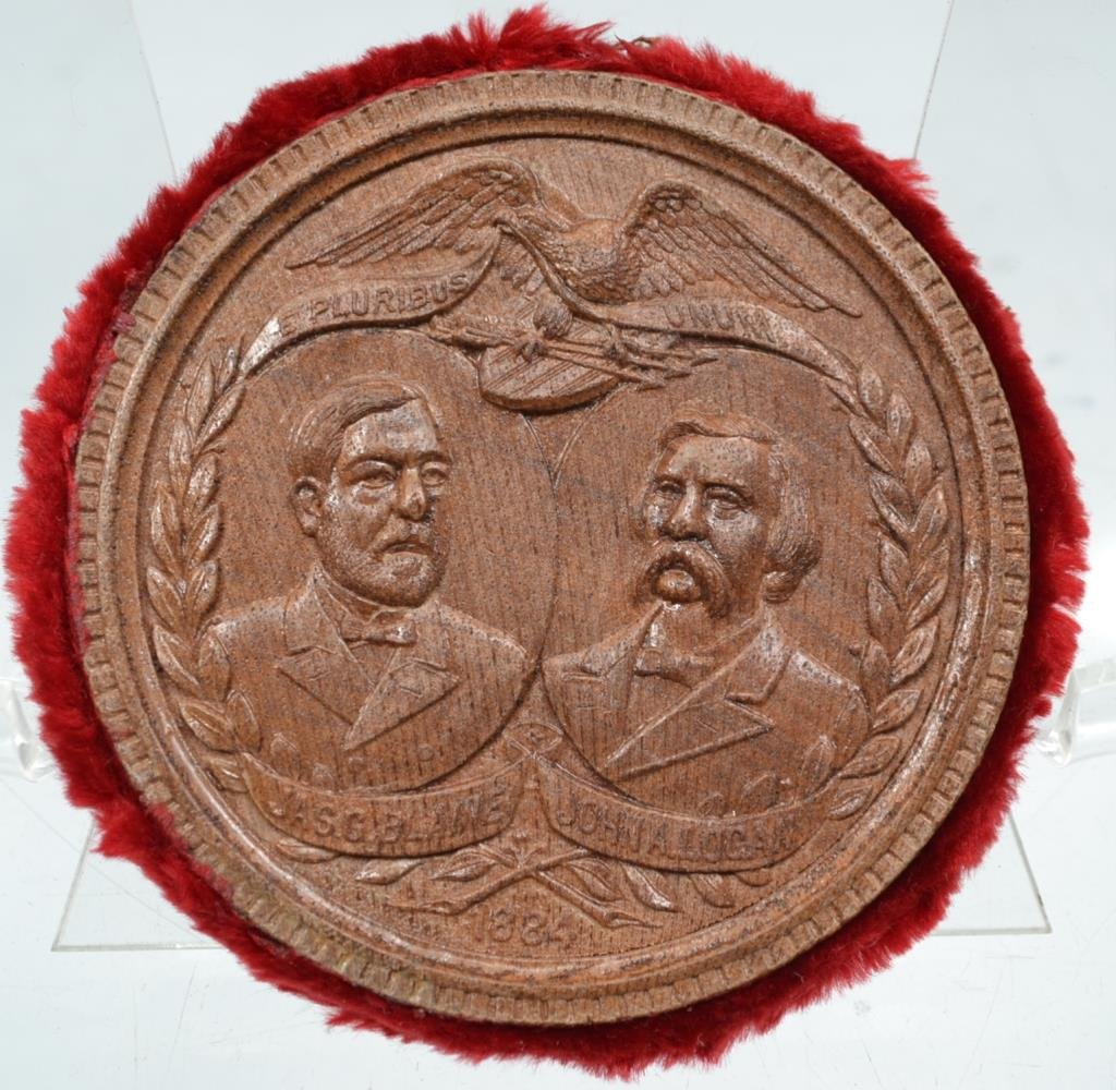 Blaine And Logan Rare Large Wood Medal From 1884 C: Blaine and Logan rare large wood medal from 1884 campaign; Blaine #1 in the classic reference on campaign items of the 19th century by J. Doyle Dewitt - as Dewitt notes in his book, â€œsometimes t