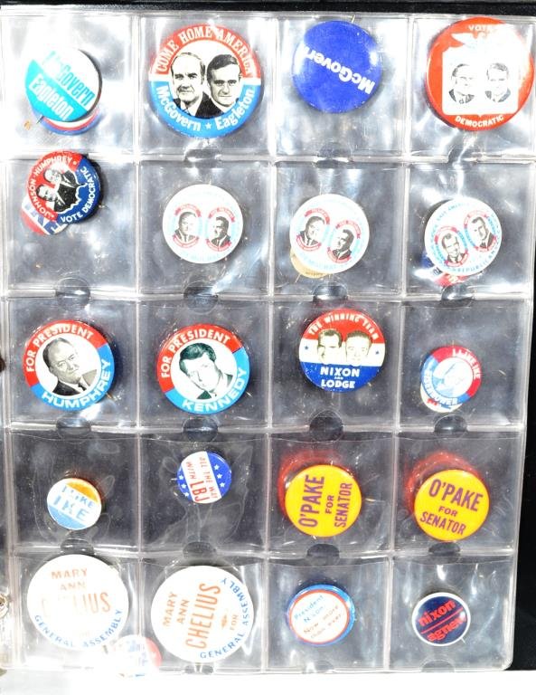 Campain Buttons: 32 buttons including McGovern Eagleton, Save America vote Democtratic, Vote for Humphrey, Kennedy for President, LBJ, O'Pake, Willkie and McNary, I Like Ike, and more