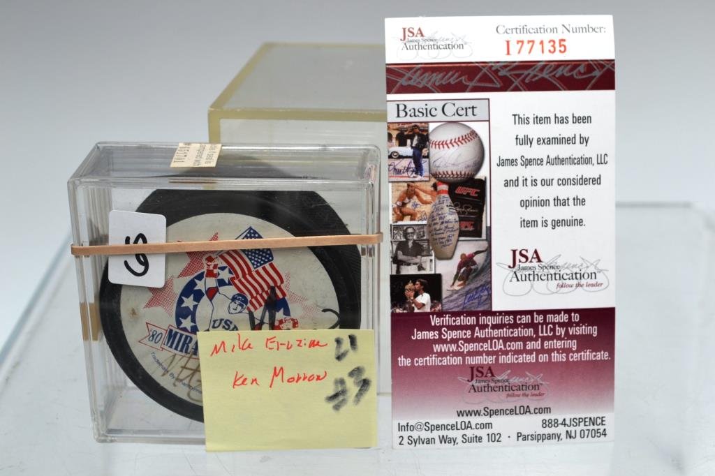 1980 US Hockey Team "Miracle On Ice" Olympic Hocke: 1980 US Hockey Puck from the "Miracle on Ice" - signed by Mike Eruzione (#21) and Ken Morrow (#3) - comes with certificate of authenticity