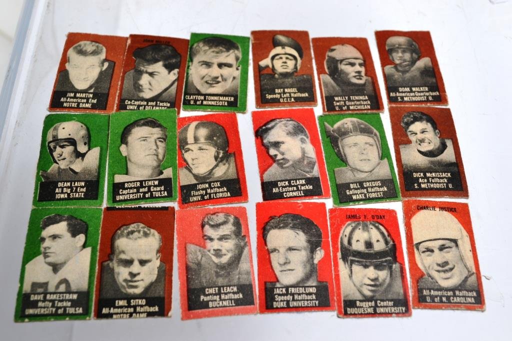 Fourteen Topps Felt Back Football Cards: Feltback football cards include players; Doak Walker, Dick McCissack, Dave Rakestraw, Jim Martin, Dean Laun, Chet Leach, Jack Friedlund, Clayton Tonnemaker, Dick Clark, Roger Lehew, Bill Gregus, John 