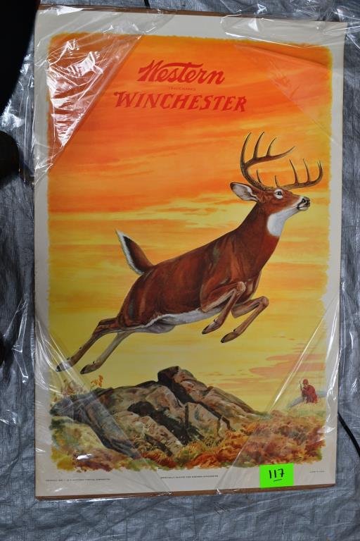 Western Winchester Poster With Whitetail Deer: Western Winchester poster (paper) depicts a hunter and a10 point Whitetail Buck breaking cover Â©1955, Artist; J. G. Woods, printed by Olin Mathieson Chemical Corporation, measures measures 42" x 28