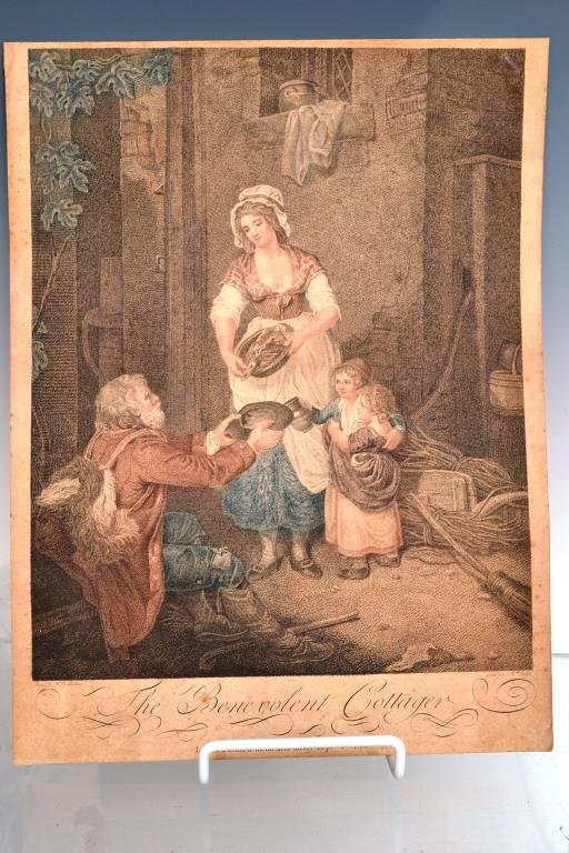 1788 Hand Colored Engraving "The Benevolent Cottag: 1788 Hand colored engraving by William Nutter, 1754-1802; After Francis Wheatley, 1747-1801 (British) titled "The Benevolent Cottager" OD 9.5" x 12.5"