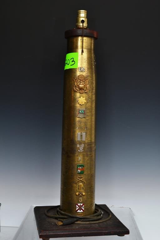 Large Caliber Artillery Shell Lamp: Large caliber artillery shell lamp, standing appx 30"h, mounted on a wooden base