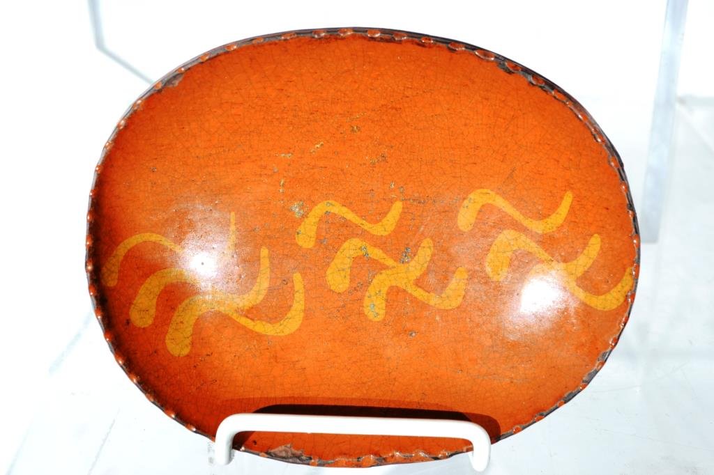 Shooner Slip Decorated Redware Loaf Plate: Miniature slip-decorated loaf plate impressed Mary Spellmire Shooner, signed Greg Shooner 2007, measures 5" x 6" (rectangular)