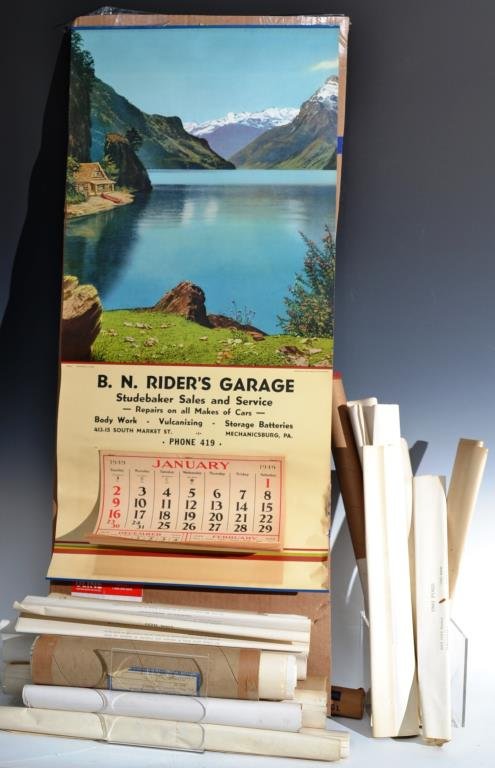 A Third Lot of Early Advertising Calanders: 1951 advertising calendar for B. N. Rider's Garage, Studebaker sales and service, complete, slight curl to paper, measures appx 16" x 33" and featuring a mountain lake; with appx 13 other calendars of