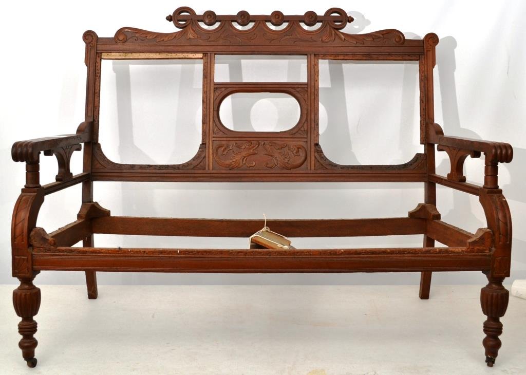 Carved Walnut Victorian Settee: Carved Walnut 19thC settee, overall good condition, needs to be upholstered (bare wood) measuring 40"h x 50" w x 28"
