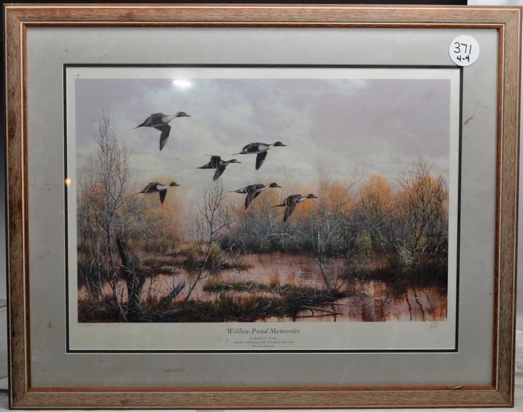 Four Signed and Numbered Nature Prints, and One O: "Out From Cover" Whitetail Buck and Doe flushing from high grass, by Joe Garcia dated 1995, a print by Budden featuring Canadian Geese at dusk, untitled, a third by Brad Heilman featuring wood ducks n