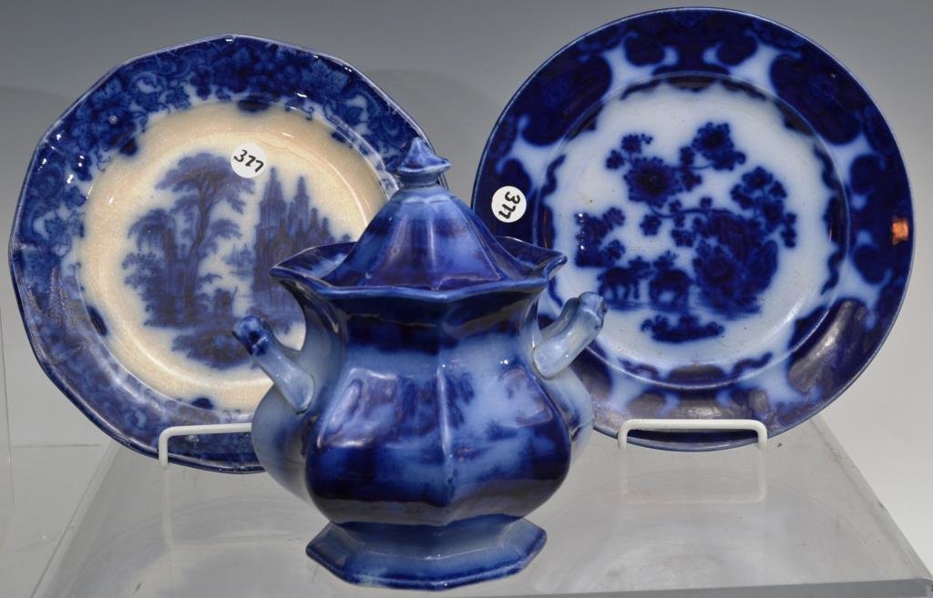 J F & Co Flow Blue Plates, and a Chusan Covered S: Two Blue Ironstone plates, one in the Gothic Pattern, with another in the Cashmere Pattern, both 9" dia and marked J.F. & Co. (Jacob Furnival & Co.) as well as a Chusan covered sugar