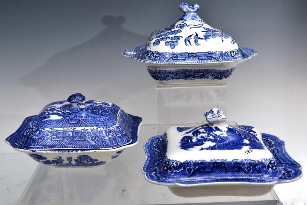 Three Blue and White Transferware Covered Vegetabl: three covered vegetables; one by Royal Venton Ware, one by Ye Old Willow, and another by W. Ridgeway NCP