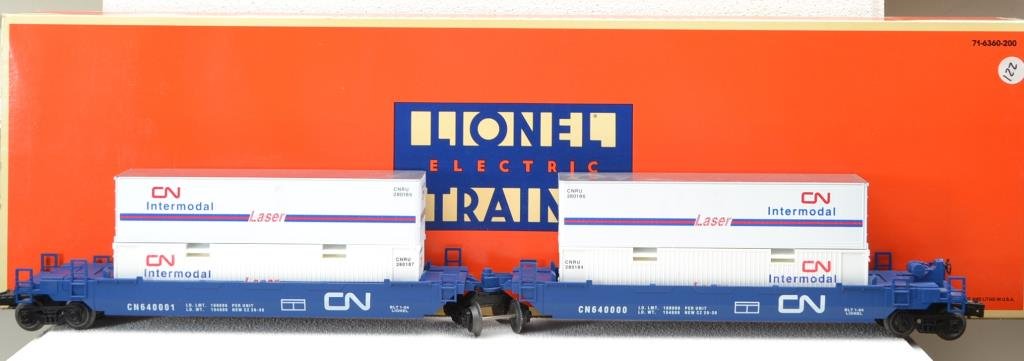 O Scale Lionel Canadian national maxi stack flatca: Lionel Canadian national maxi stack flatcar 6–16912 original box(es)