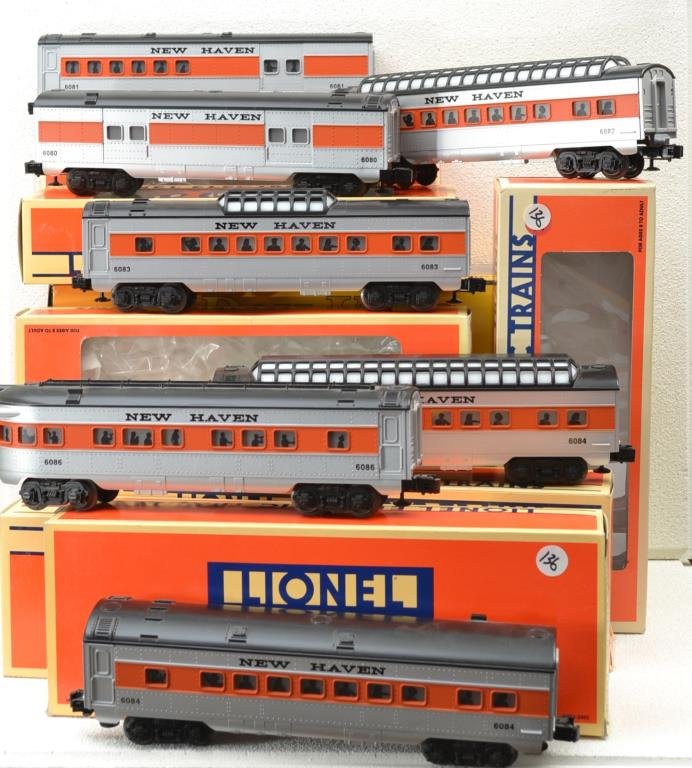 O Scale Large Lionel New Haven car lot 6–16086, 6: Large Lionel New Haven car lot 6–16086, 6–106084, 6–106084, 6–16083, 6–10081, 6–16080, 6–16082 original box(es)