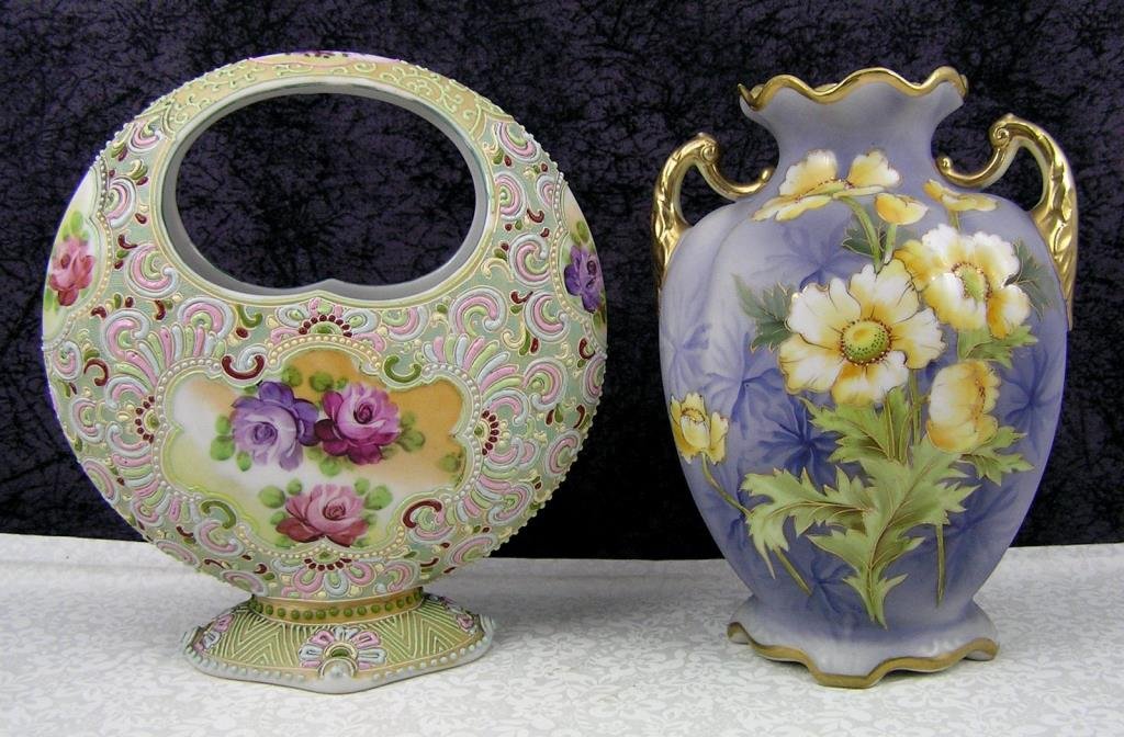 Antique Nippon Porcelain Moriage Basket & Floral H: Antique Nippon Porcelain Moriage Basket & Floral Handled Vase Condition Report: Chip to the rim of the floral handled vase, Moriage basket in great condition