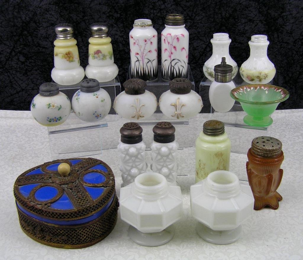 Lot Early Pressed Glass Salt & Pepper Shakers, Van: Lot consists of: Green opaline salt dip, Czech blue ceramic vanity box with ormolu mounts, various pattern glass salt & pepper shakers (hand-painted, jadeite, Greentown chocolate glass, opaque, etc.)