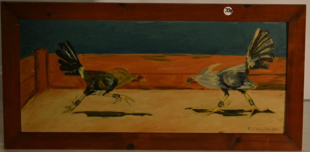 Edward Jerome Vogeler Cock Fighting: Edward Jerome Vogeler Cock Fighting signed and dated 44; 17 1/2" x 35"