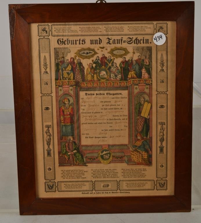 1855 York County Fraktur: Printed Fraktur birth certificate dated 1855 14 1/4" x 17 1/2"