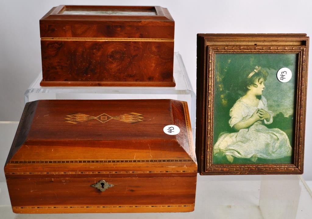 Marquetry Cigar Box with Two Jewelry Boxes: Marquetry Cigar Box with Two Jewelry Boxes