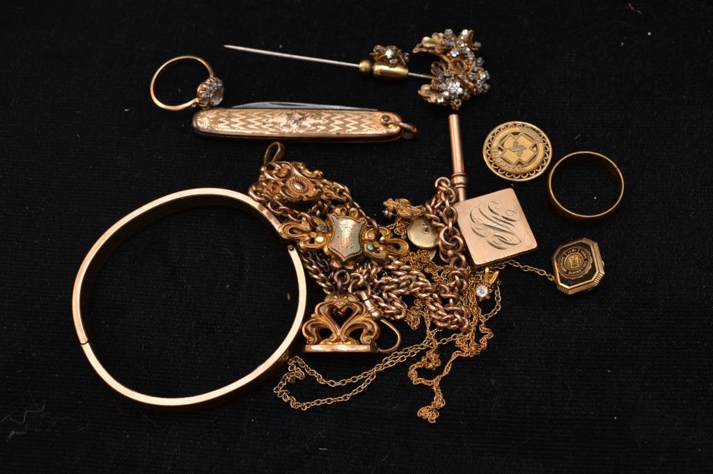 Gold Filled Items; Fobs, Bracelet, Etc.: Grouping of gold filled items including 2 watch Fobs, pocket knife, bracelet, etc.