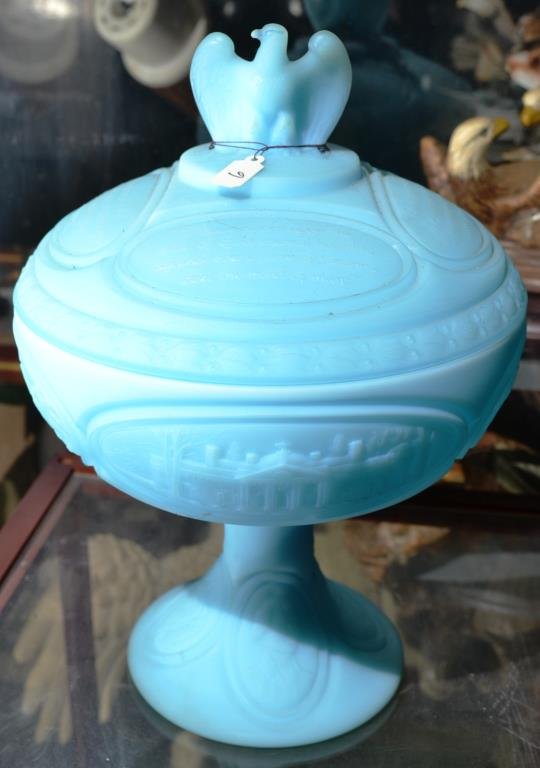 Fenton Thomas Jefferson Lidded Compote in Frosted: Fenton Thomas Jefferson lidded compote, in frosted blue, stands 11"h