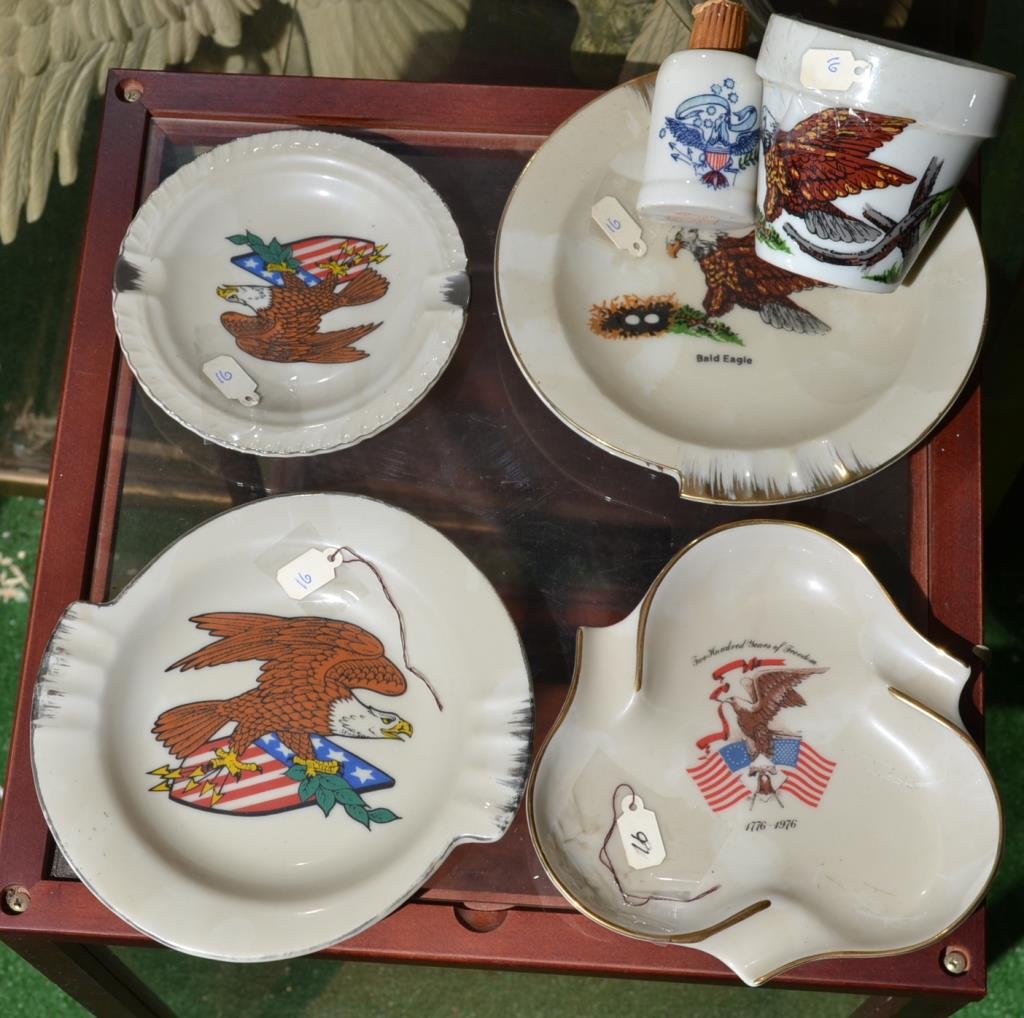 Eagle Porcelain Ashtray Collection: Eagle porcelain ashtray lot Including three Japanese porcelain ashtrays, Viletta ashtray, toothpick holder, etc