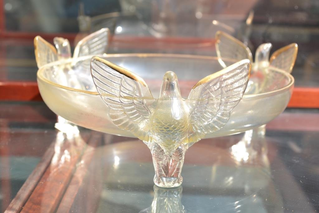 Pressed Glass Footed Compote: Pressed glass footed compote, with three Eagles highlighted in gold paint 8" dia