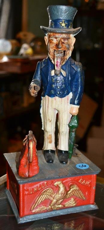 Uncle Sam Mechanical Bank: Mid 20th century Uncle Sam mechanical Bank marked Taiwan