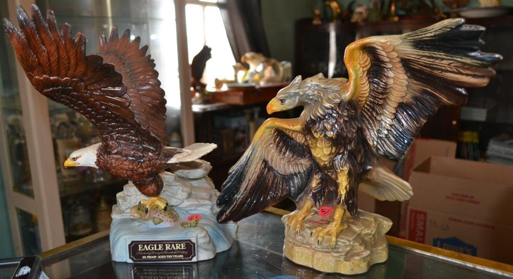 Two Eagle Whiskey Bottles: Two eagle whiskey bottles including Barsottini Bald eagle 1970, and the Eagle rare ceramic Limited addition Old Prentice Distillery,