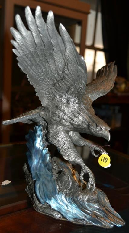 Franklin Mint "Bald Eagle, Sovereign of the Northe: Franklin mint Fine pewter sculpture titled bald eagle, sovereign of the Northern skies; part of the Alaska Chilkat bald eagle preserve by Paul Brunelle, standing approximately 11"h