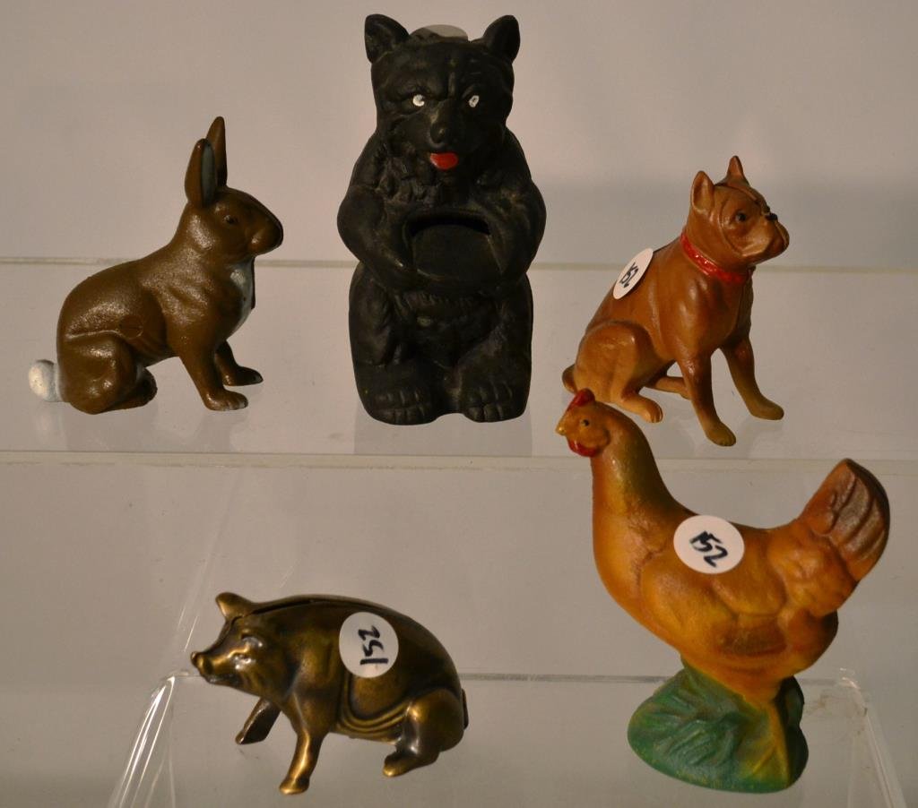Five Cast Metal Animal Banks: Five cast metal animal banks, including a brown hen, a brown boxer dog, a cottontail rabbit, a black bear, and a sitting pig; Taiwan export, largest measures 6.75"h