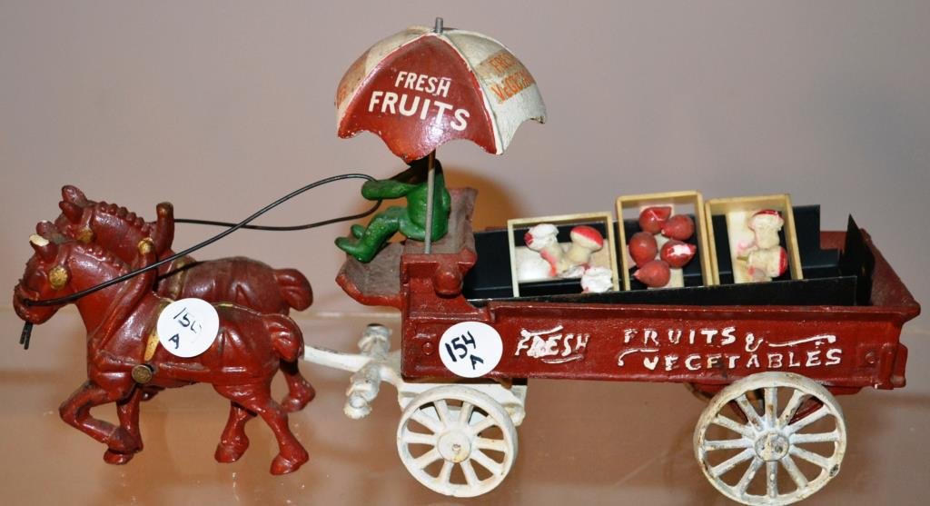 Cast Iron Fruit Wagon: Cast Iron Fruit Wagon with driver, matched team, umbrella, and fruit for sale, Taiwan export, 13" x 8"