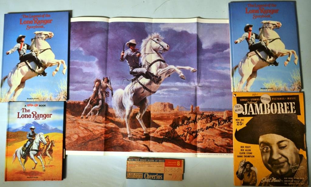 National Jamboree and Lone Ranger Grouping: National Jamboree Nov/Deb 1949, including sheet music and interviews, also included are later Lone Ranger promotional items including a poster, several books (one pop-up)