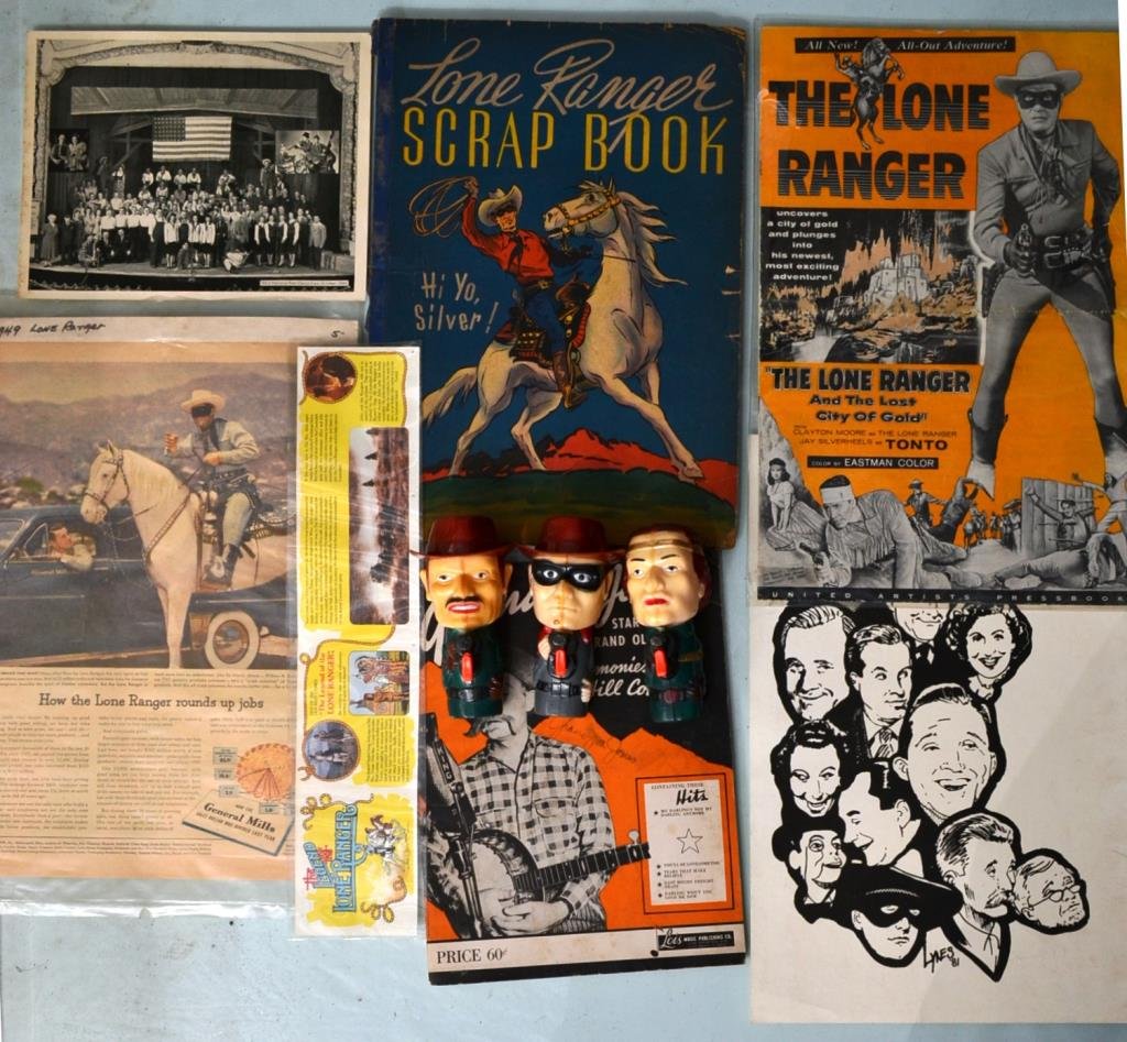 Lone Ranger Squirt Guns and Ephemera: Lone Ranger ephemera including "The Lone Ranger and the Lost City Of Gold Uniter Artists Press Book" PR, signed sheet music "Grandpa Jones, star of the Grand Ol Oprey" - signed by Grandpa Jones, an of