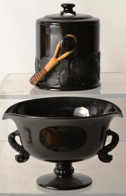 Ebony Fenton Lot: Ebony Fenton lot includes; an ebony Fenton cookie jar, and an ebony Diving Dolphin bowl