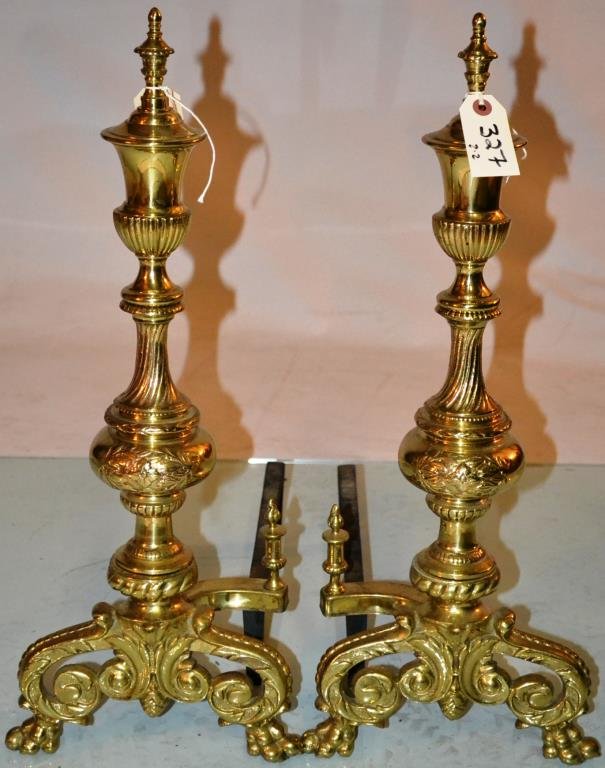 Pair of Cast Brass Andirons: Pair of cast Brass antique style Andirons, measure 24" h
