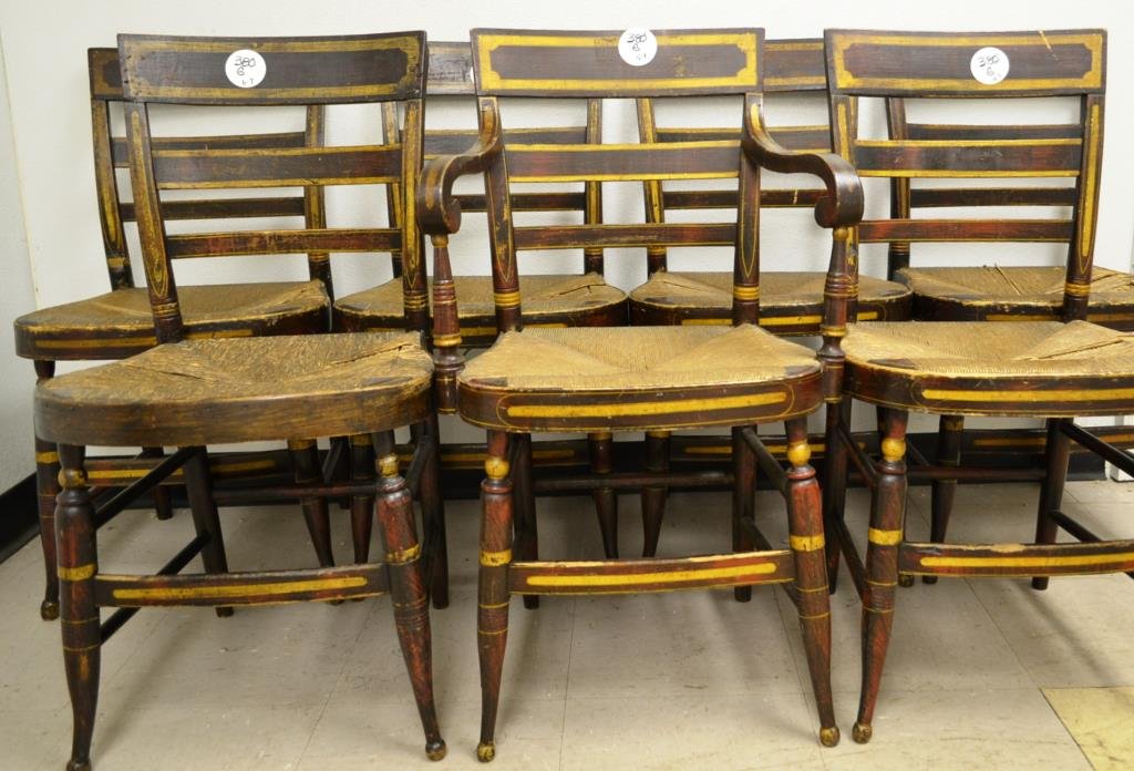 Set of Seven MidAtlantic Sheraton Fancy Chairs: Pennsylvania set of seven MidAtlantic fancy chairs; one arm chair six side chairs, with rush seats, original paint