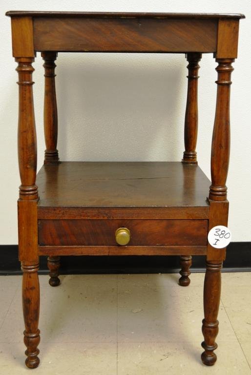 Signed New Jerset Mahogany Sheraton One Drawer Tab: Signed New Jerset Mahogany Sheraton one drawer tiered table, with signature underside of drawer "New Jersey" standing 30.5"h x 18.25"w x 18.25"d