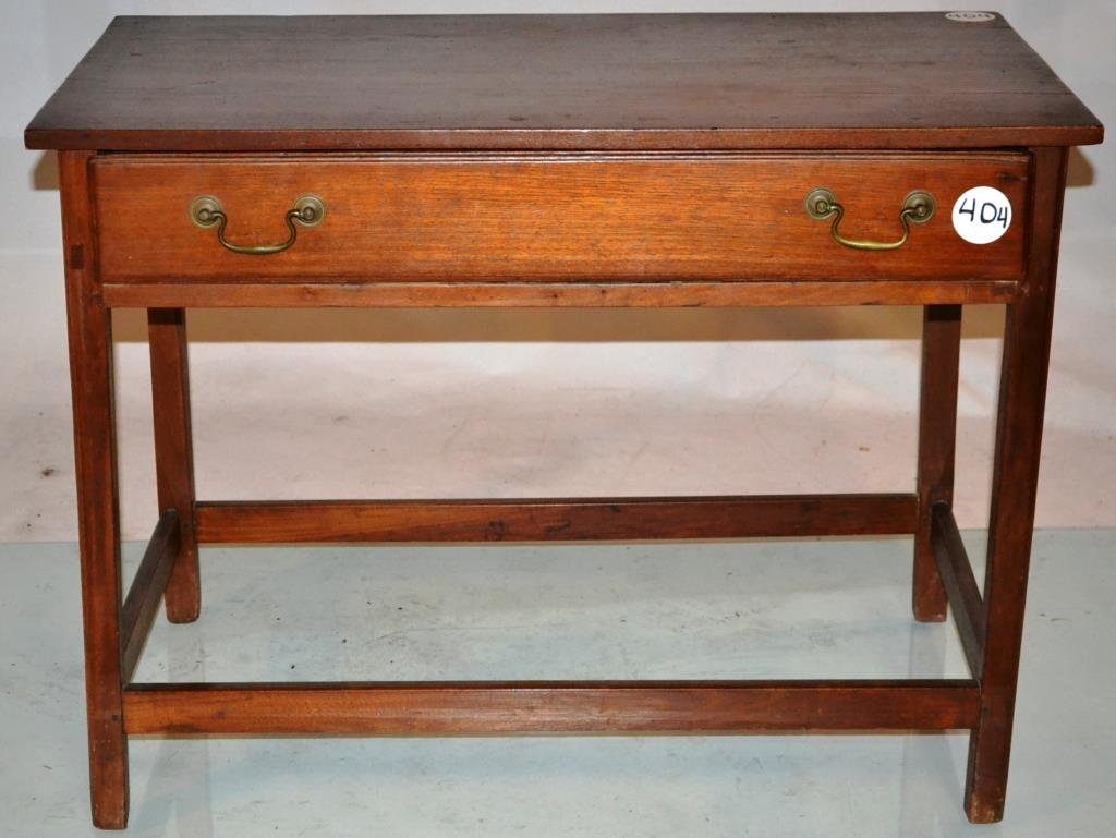 18th C Walnut Tavern Table: Walnut tavern table, late 18th Century, with a single drawer and box stretcher measuring 27"h x 36.25'W x21"d