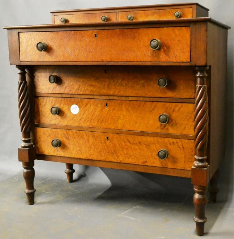 American Classical Chest of Drawers With Birdseye: American classical chest of drawers, with two gloved drawers over four graduated drawers with birdseye maple drawer fronts, flanked by turned colums and terminating in a high foot 39"h x 43"w x 21"d